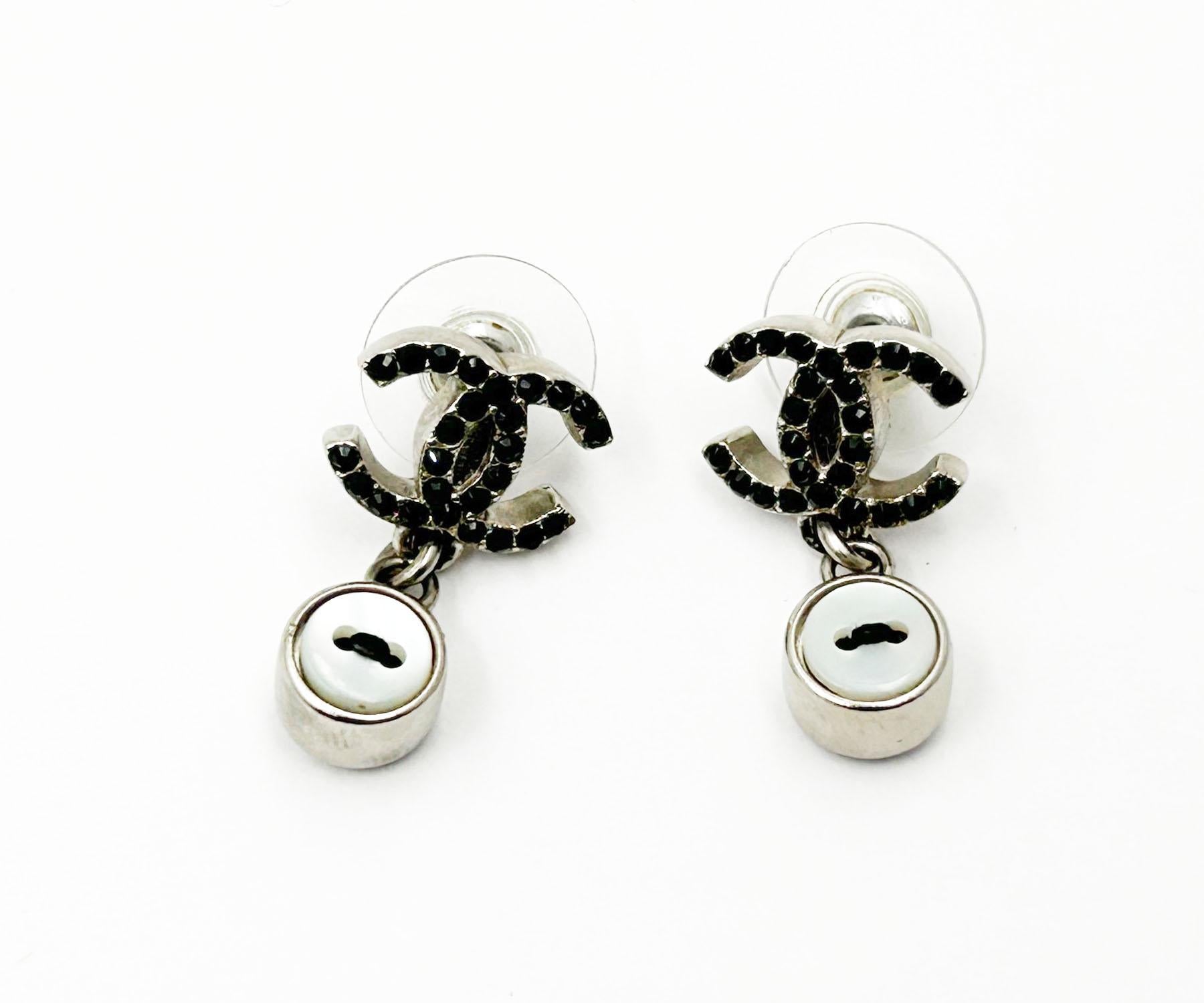 Chanel Silver CC Black Crystal Mother of Pearl Button Earrings   In Excellent Condition In Pasadena, CA