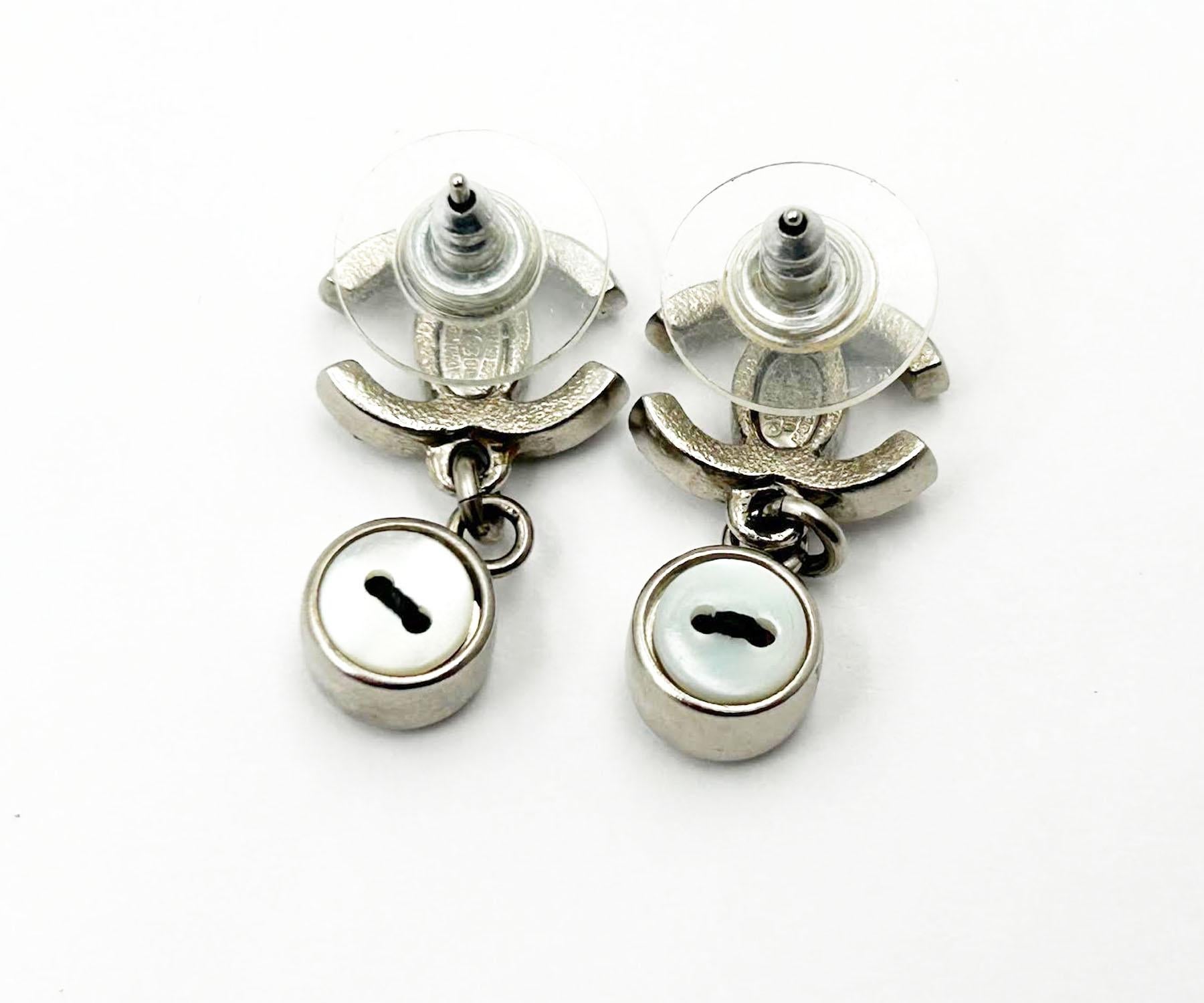 Women's Chanel Silver CC Black Crystal Mother of Pearl Button Earrings  
