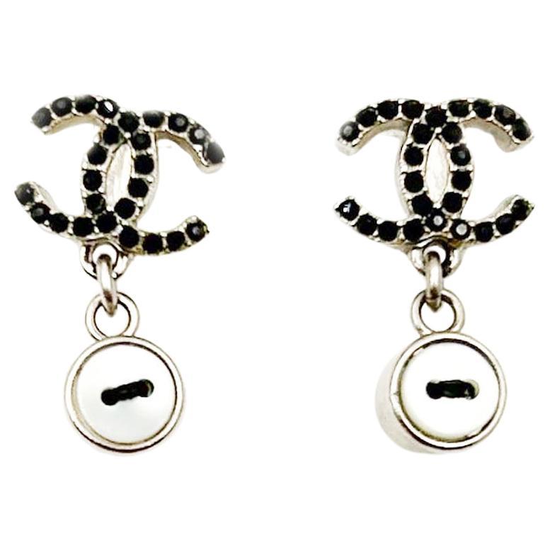 Chanel Silver CC Black Crystal Mother of Pearl Button Earrings  