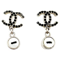 Chanel Silver CC Black Crystal Mother of Pearl Button Earrings