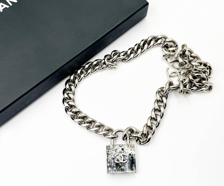 Chanel Silver CC Black Padlock Chain Necklace For Sale at 1stDibs
