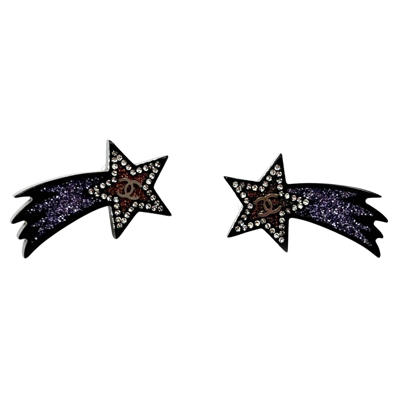 Chanel Silver CC Black Purple Glitter Shooting Star Piercing Earrings For Sale