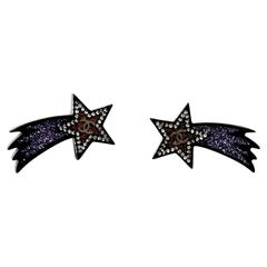 Chanel Silver CC Black Purple Glitter Shooting Star Piercing Earrings