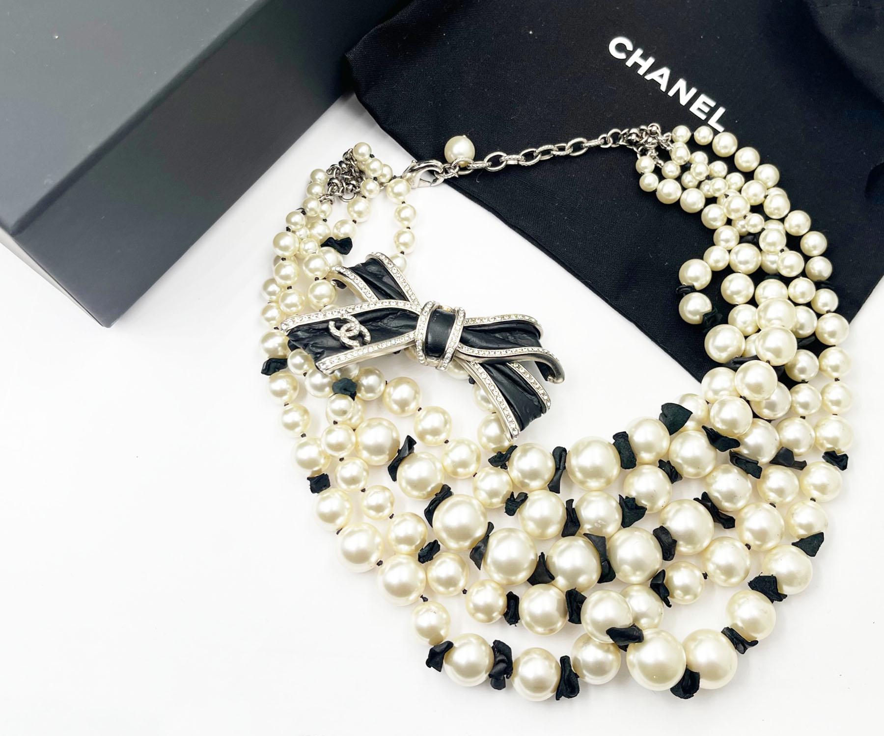 Artisan Chanel Silver CC Black Ribbon Leather 5 Strand Pearl Necklace  For Sale