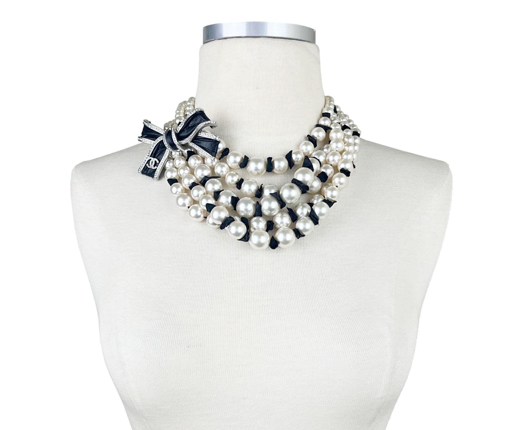 Chanel Silver CC Black Ribbon Leather 5 Strand Pearl Short Necklace In Good Condition In Pasadena, CA