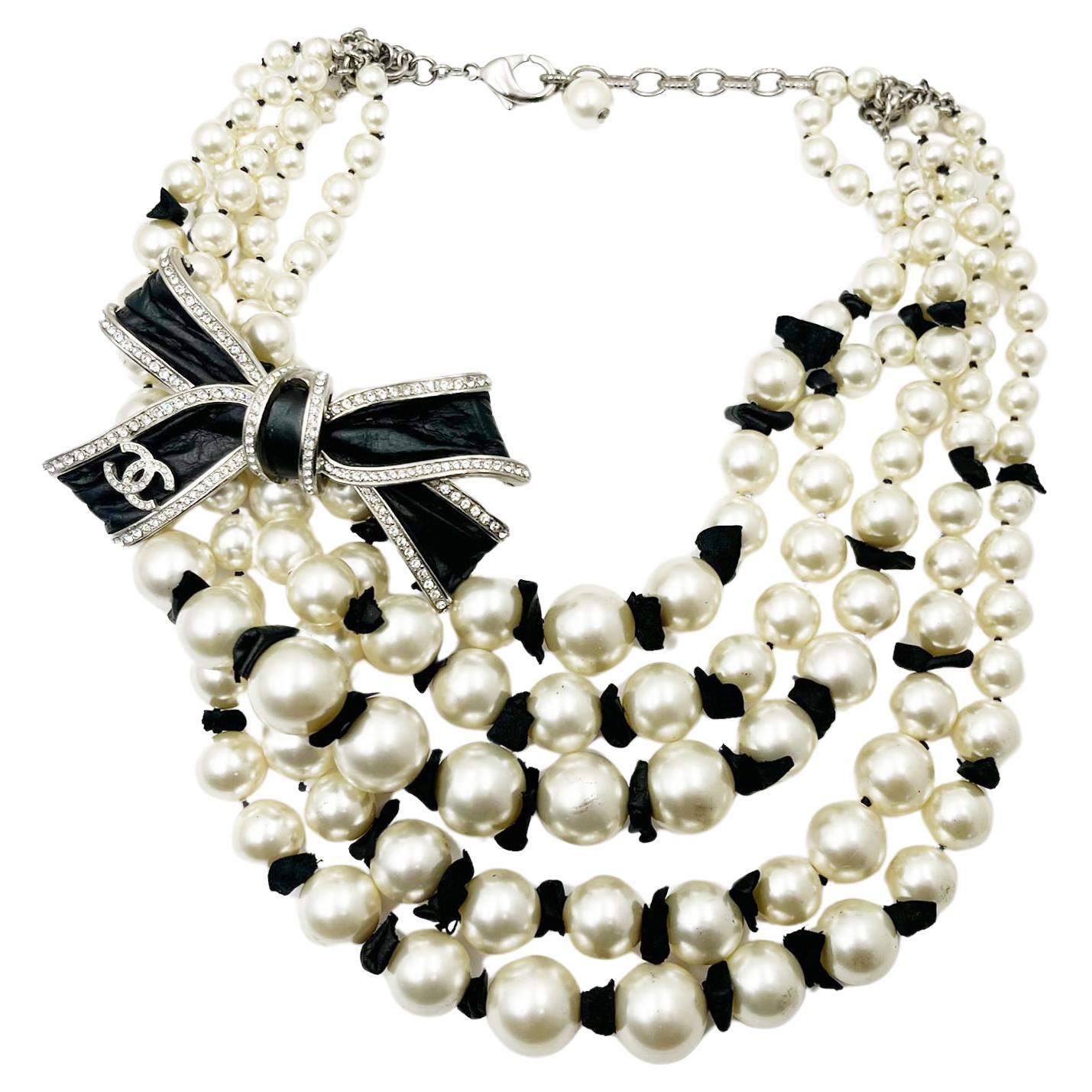 Chanel Silver CC Black Ribbon Leather 5 Strand Pearl Necklace  For Sale