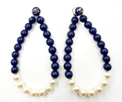 Chanel Silver CC Blue Bead Pearl Large Loop Earrings