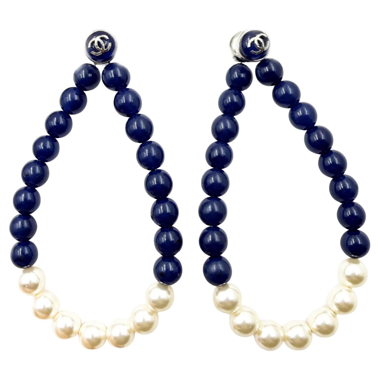 Orecchini Chanel Silver CC Blue Bead Pearl Large Looping