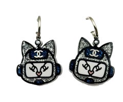 Chanel Silver CC Blue Glitter Cat Hoop Earrings