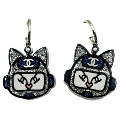 Chanel Silver CC Blue Glitter Cat Hoop Earrings Chanel Silver CC Blue Glitter Cat Hoop Earrings