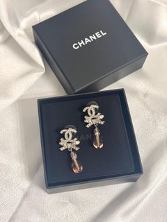 CHANEL Silver CC Bow Pink Bead Drop Earrings