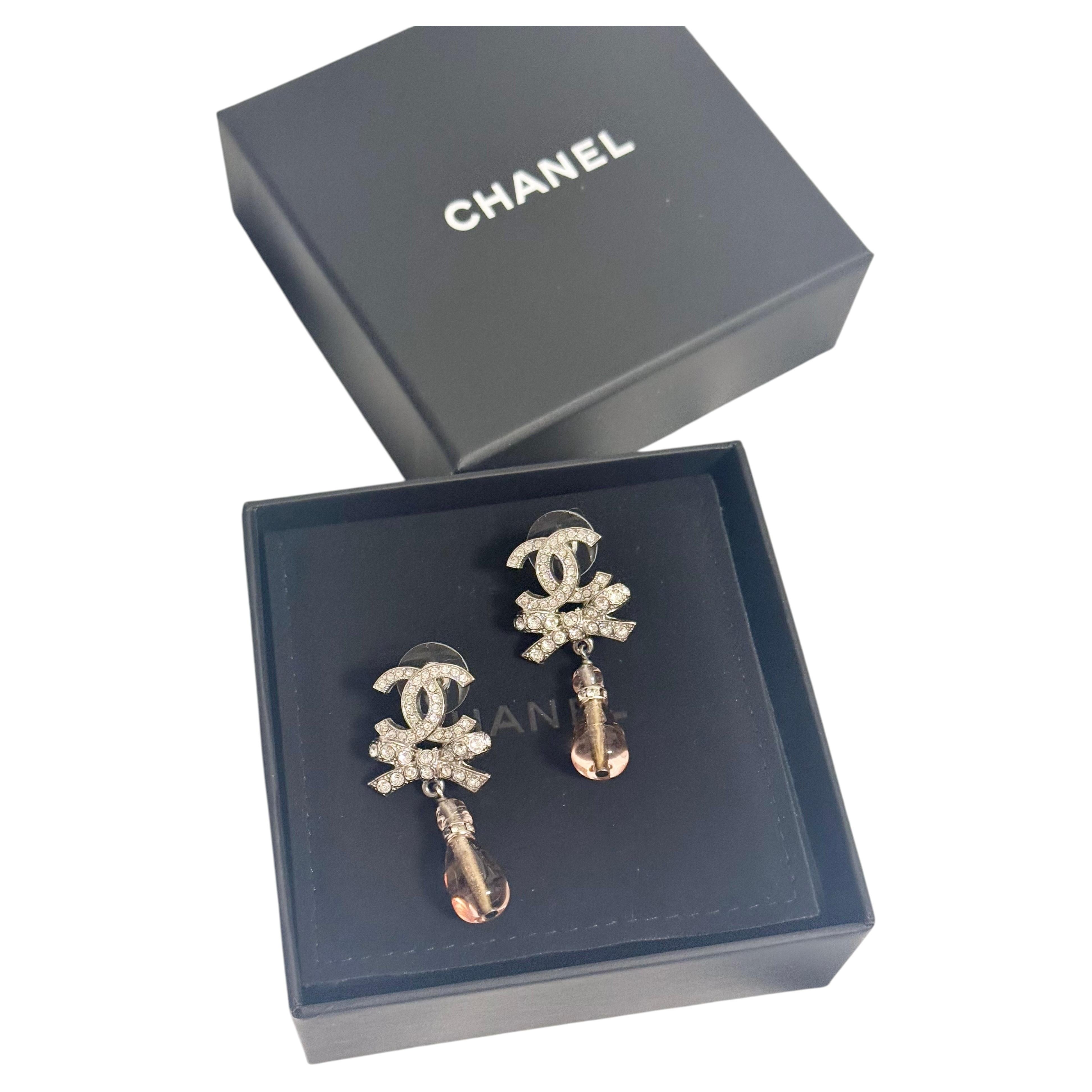 CHANEL Silver CC Bow Pink Bead Drop Earrings