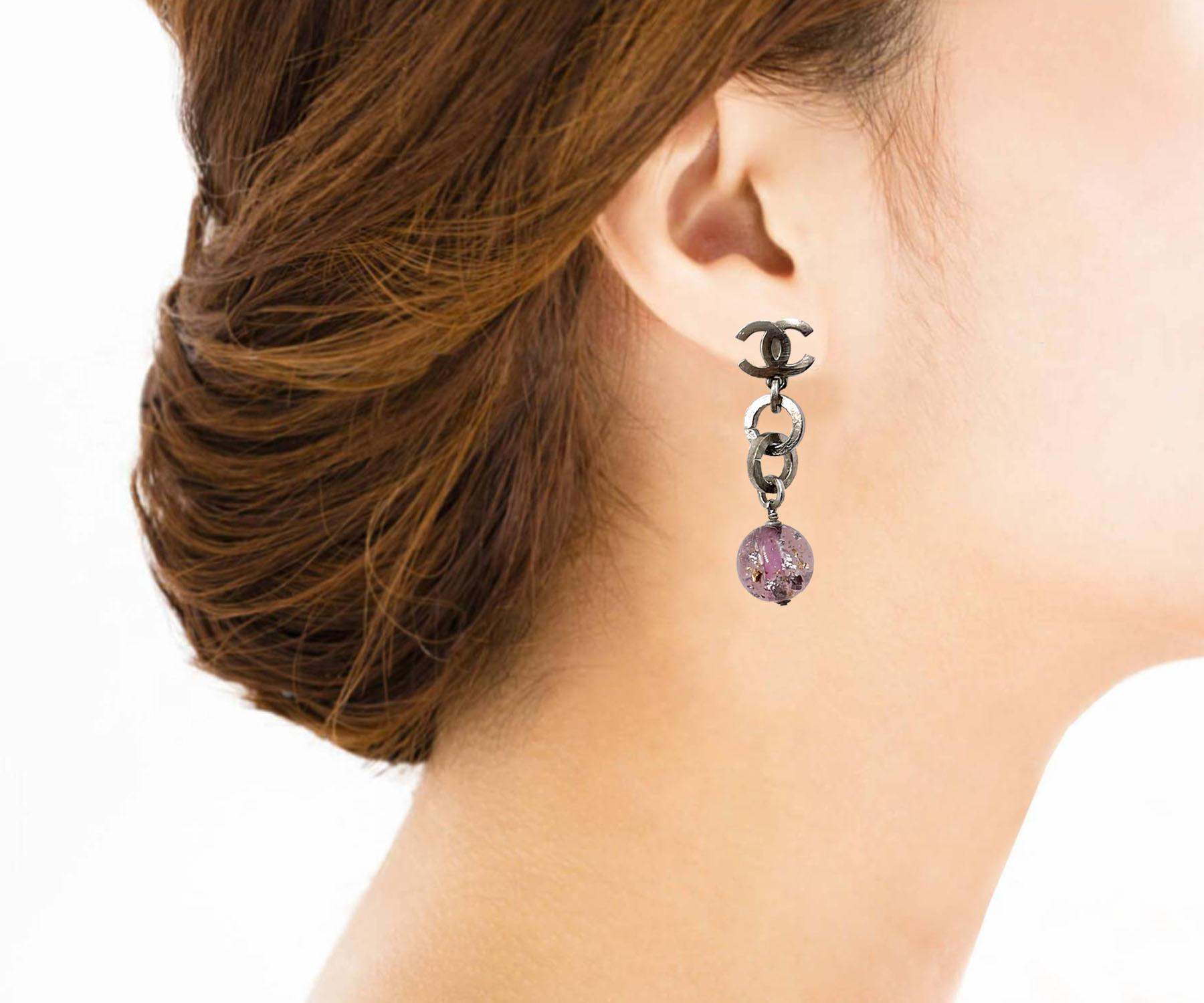 Artisan Chanel Silver CC Chain Purple Bead Long Piercing Earrings    For Sale