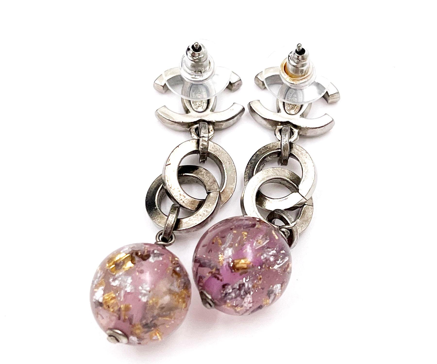 Women's Chanel Silver CC Chain Purple Bead Long Piercing Earrings    For Sale