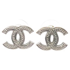 Chanel Silver CC Chain Texture Piercing Earrings 
