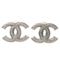 Chanel Silver CC Chain Texture Piercing Earrings