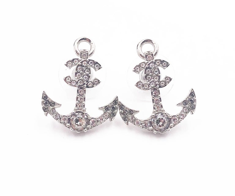 Chanel Silver CC Crystal Anchor Piercing Earrings at 1stDibs
