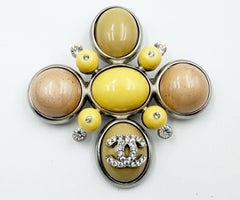 Chanel Silver CC Crystal Cream Yellow Peach Stone Cross Large Pendant Brooch