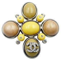 Chanel Silver CC Crystal Cream Yellow Peach Stone Cross Large Pendant Brooch