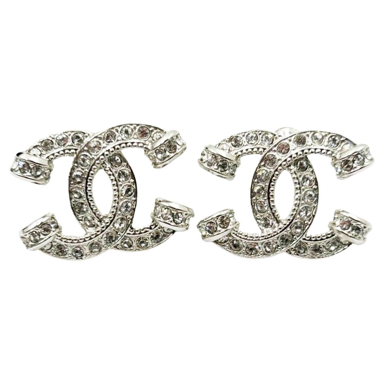 Chanel Silver CC Crystal Pillar Piercing Earrings
