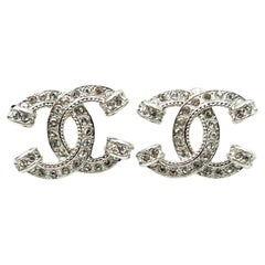 Chanel Silver CC Crystal Pillar Piercing Earrings