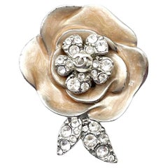 Chanel Silver CC Crystal Pink Enamel Camellia Flower Brooch