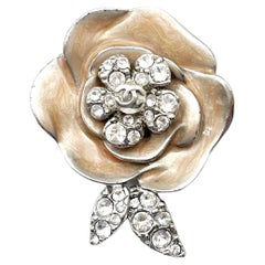 Used Chanel Silver CC Crystal Pink Enamel Camellia Flower Brooch  