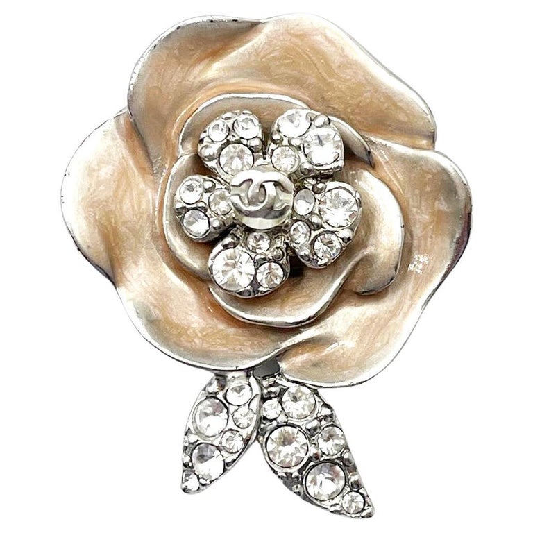 Chanel Silver CC Crystal Pink Enamel Camellia Flower Brooch For