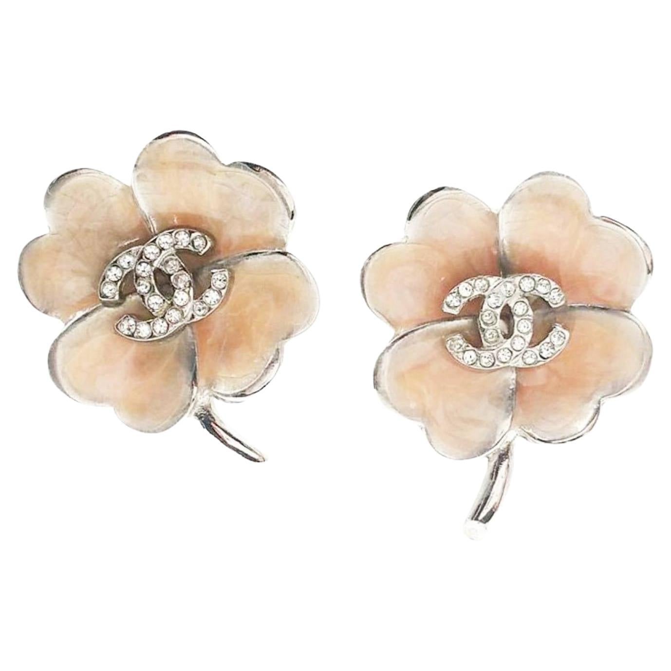 Chanel Silver CC Crystal Pink Enamel Clover Clip on Earrings For Sale