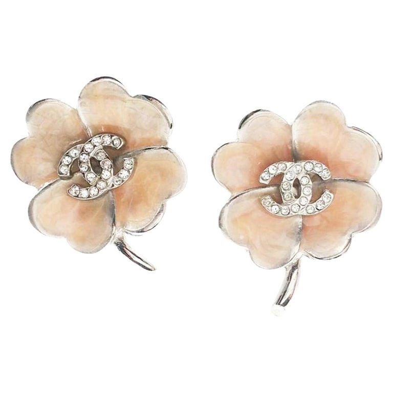 Chanel Silver CC Crystal Pink Enamel Clover Clip on Earrings For