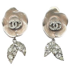 Chanel Silver CC Crystal Pink Enamel Flower Leaf Dangle Clip on Earrings