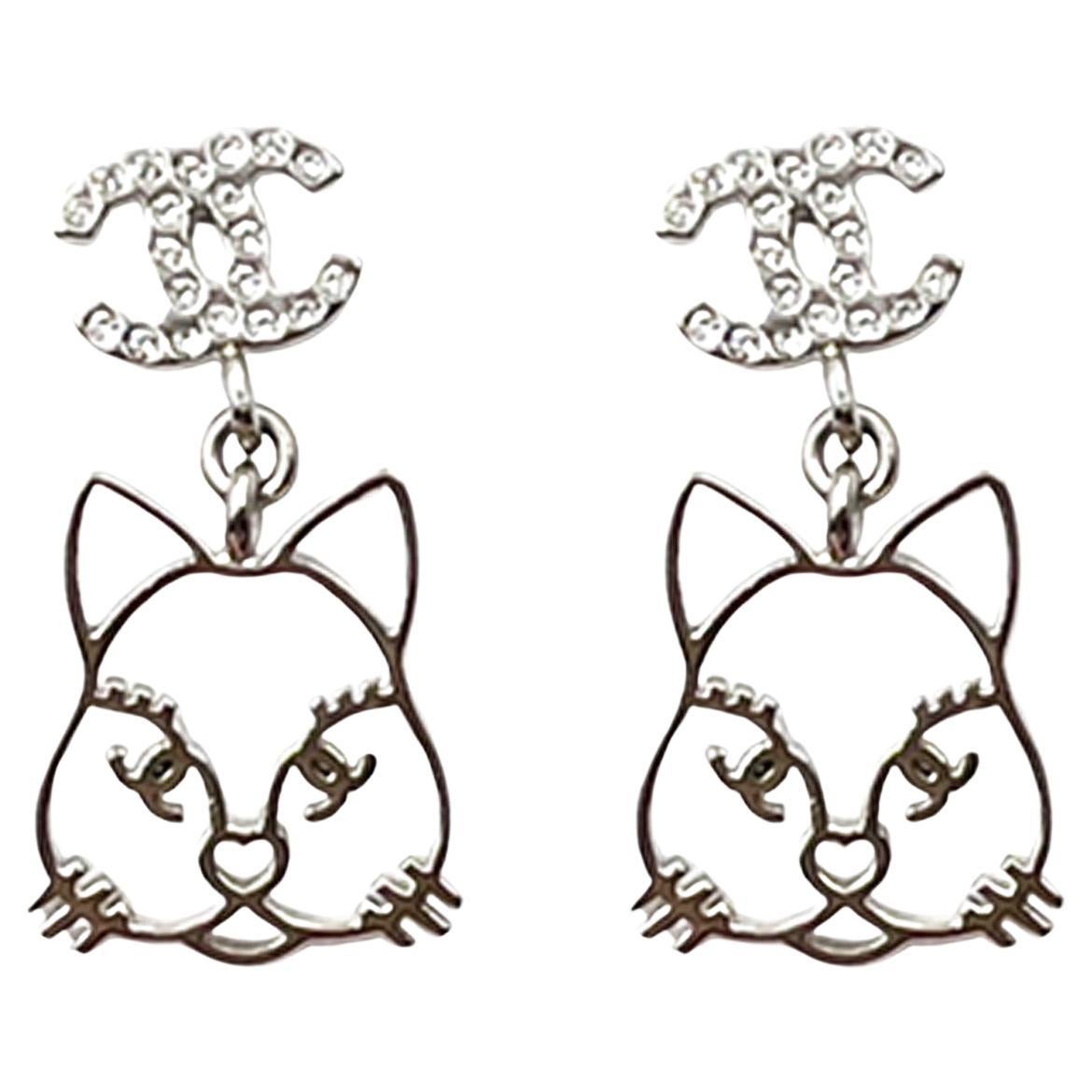 Chanel Silver CC Crystal Rabbit Piercing Earrings  *