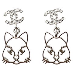 Chanel Silver CC Crystal Rabbit Piercing Earrings  *