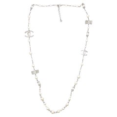Chanel Silver CC Crystal Ribbon Bow Pearl Necklace