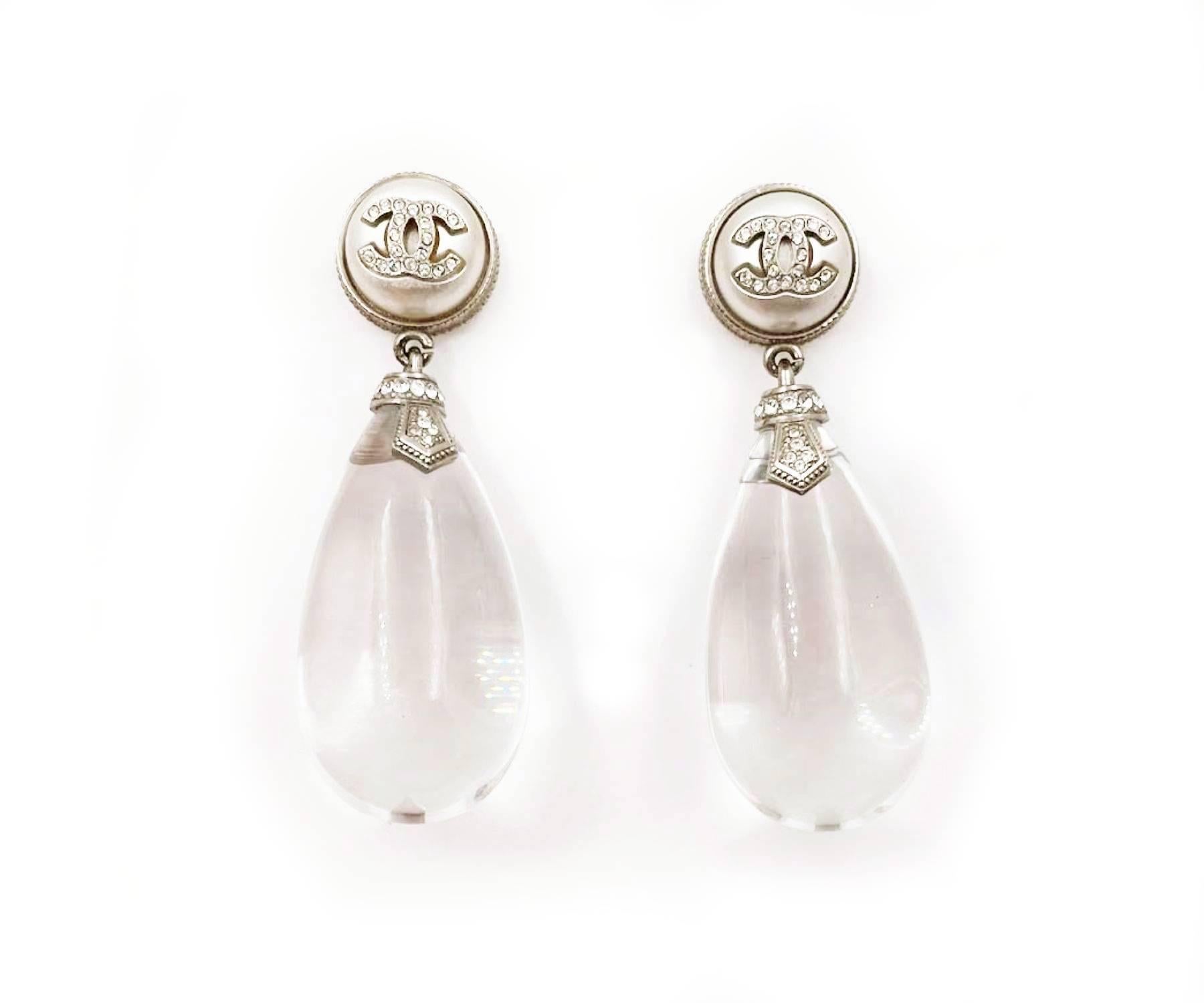 Chanel Silver CC Crystal Round Pearl Water Drop XL Clip on Dangle Earrings 

* Marked 18
* Made in France
* Comes with the the original box and pouch

- It is approximately 2.5