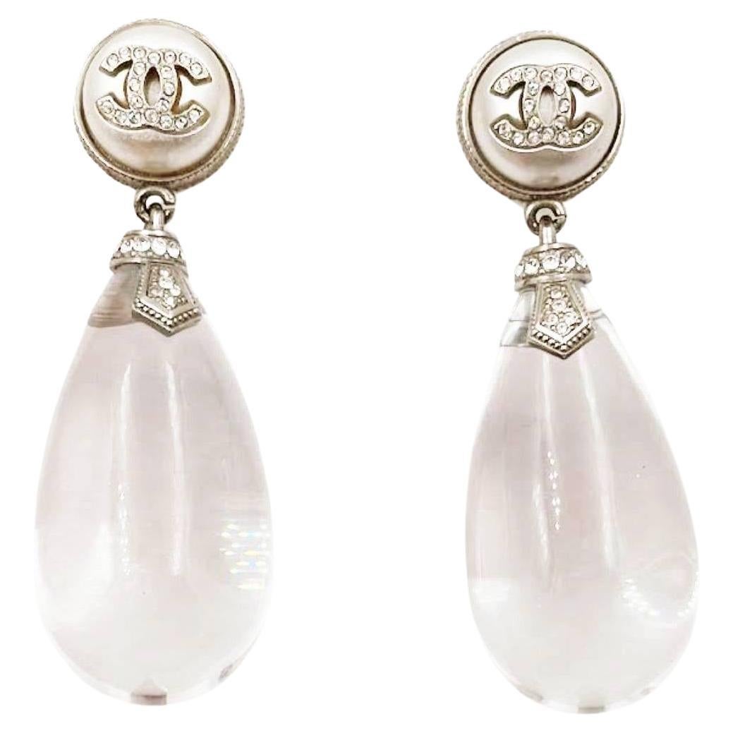 Chanel Silver CC Crystal Round Pearl Water Drop XL Clip on Earrings  For Sale