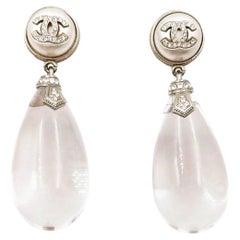 Boucles d'oreilles Chanel Silver CC Crystal Round Pearl Water Drop XL Clip on Dangle 