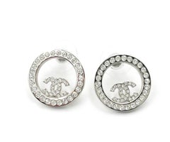 Chanel Silver CC Crystal Round Piercing Earrings