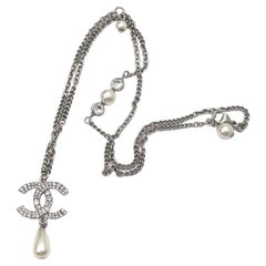 Chanel Silver CC Crystal Tear Drop Pearl Necklace 