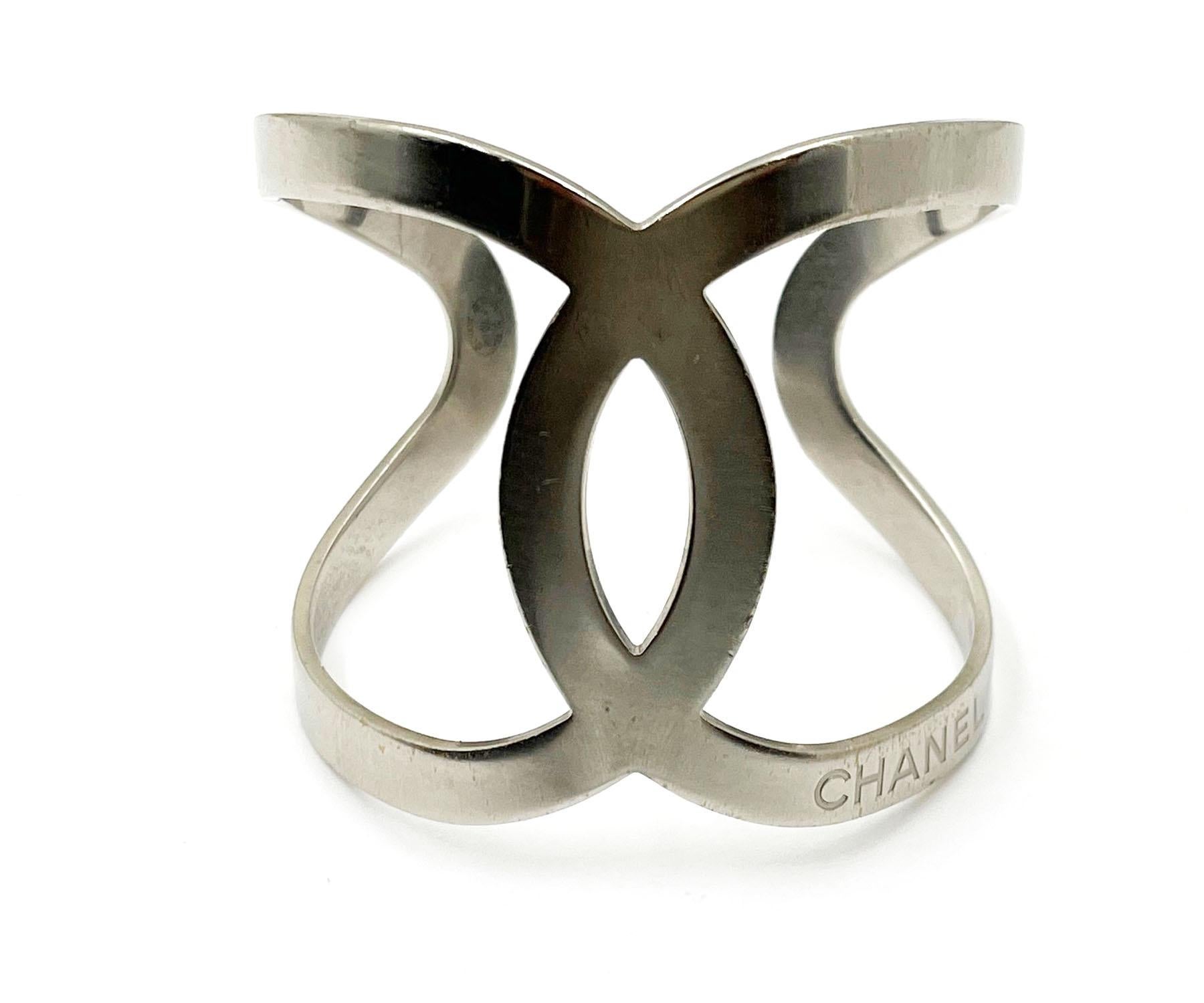 Chanel Silver CC Curve Large Cuff  For Sale
