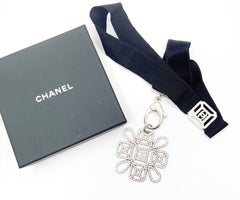 Chanel Silver CC Detachable Crystal Pendant Ribbon Key Chain Necklace