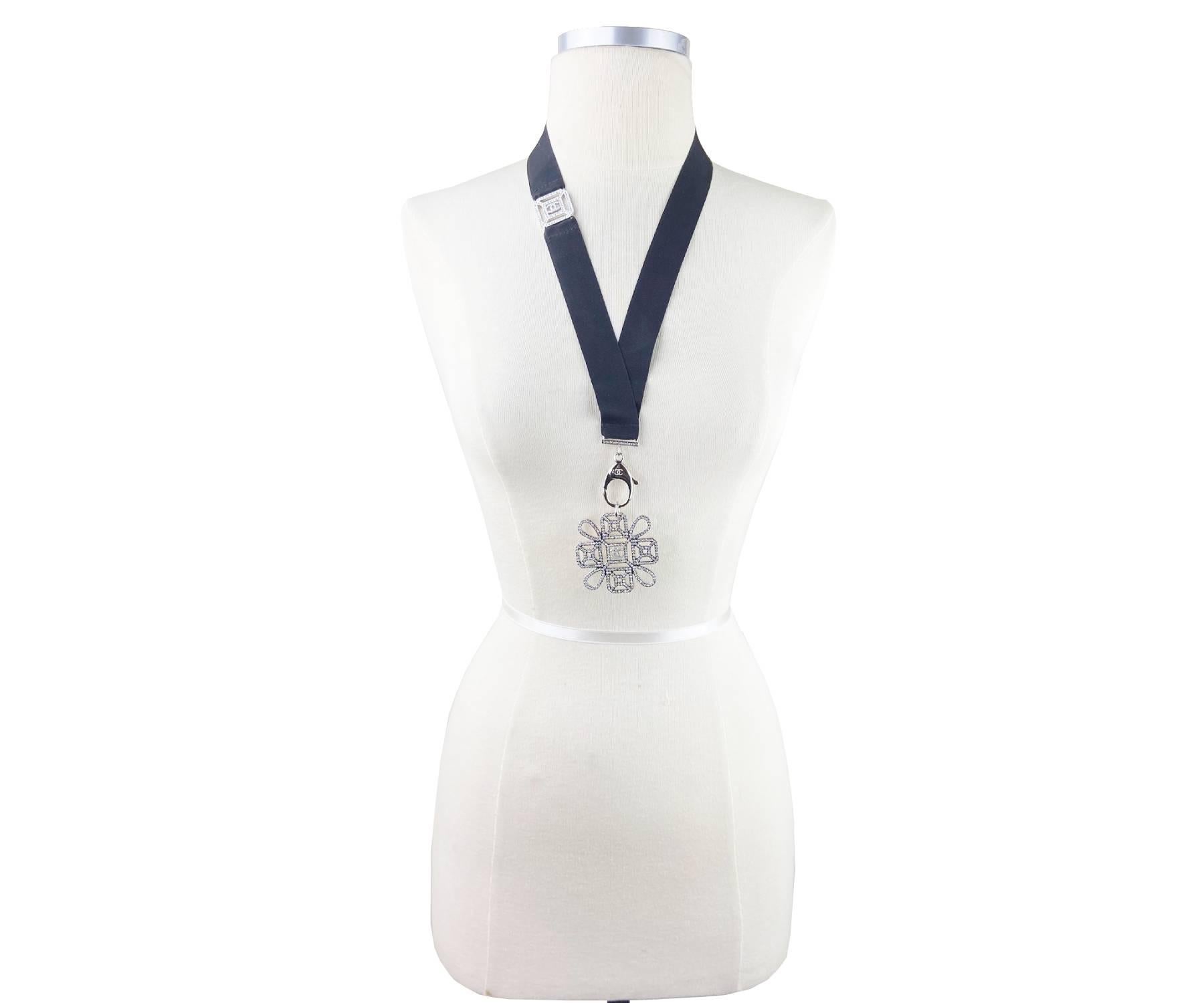 Art Deco Chanel Silver CC Detachable Crystal Pendant Ribbon Key Chain Necklace For Sale