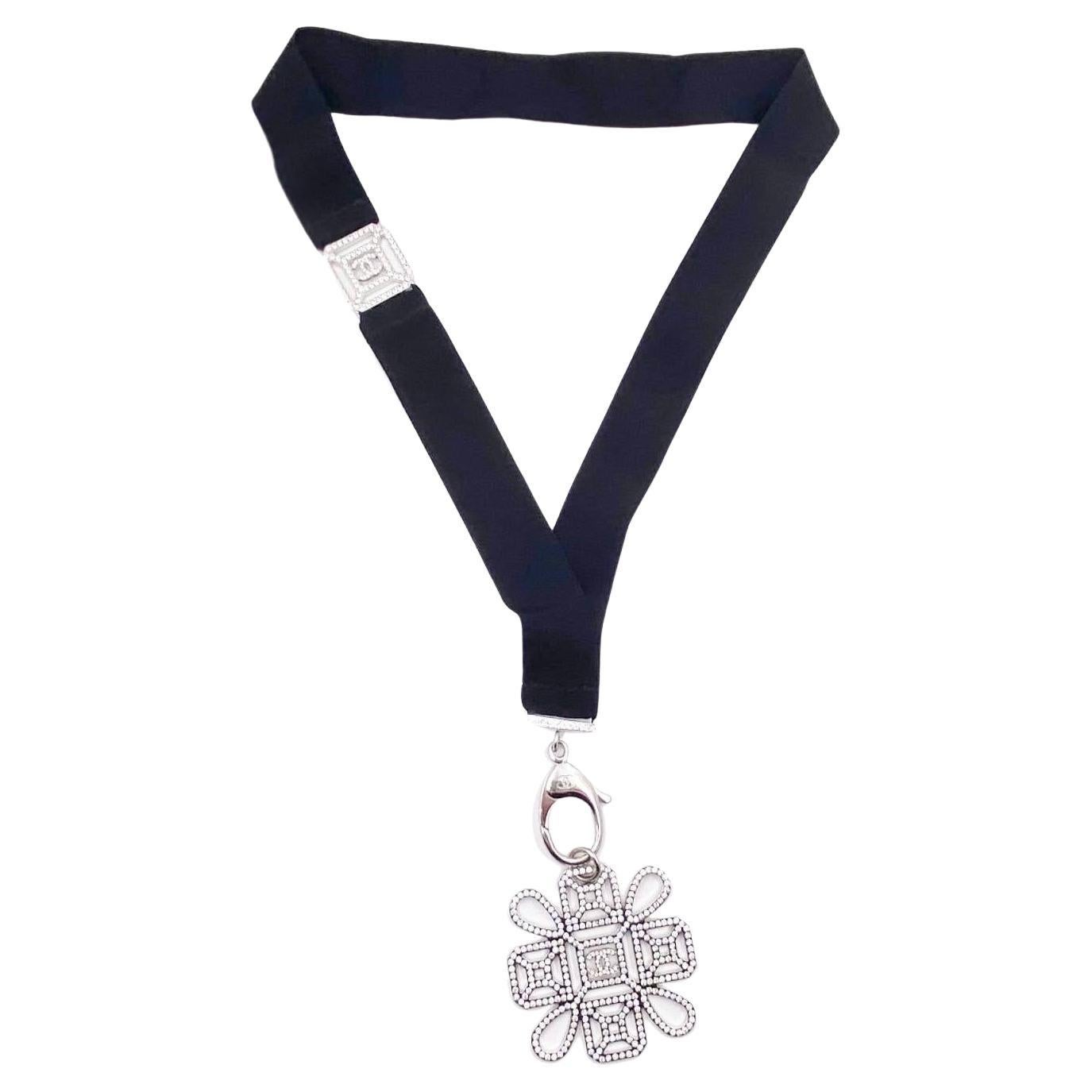 Chanel Silver CC Detachable Crystal Pendant Ribbon Key Chain Necklace For Sale