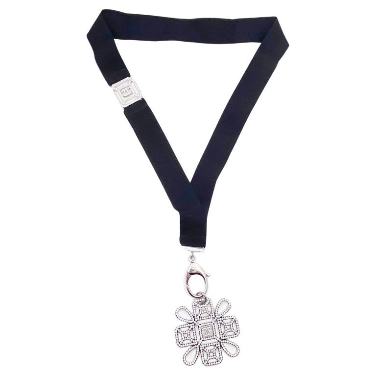 Chanel Silver CC Detachable Crystal Pendant Ribbon Key Chain Necklace ...