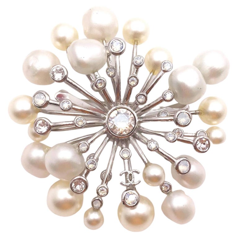 Chanel Silver CC Fresh Water Pearl Crystal Spiky Brooch at 1stDibs