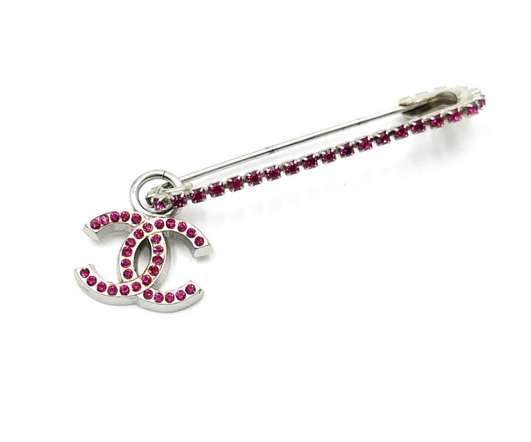 Chanel Silver CC Fuchsia Crystal Safety Pin For Sale at 1stDibs