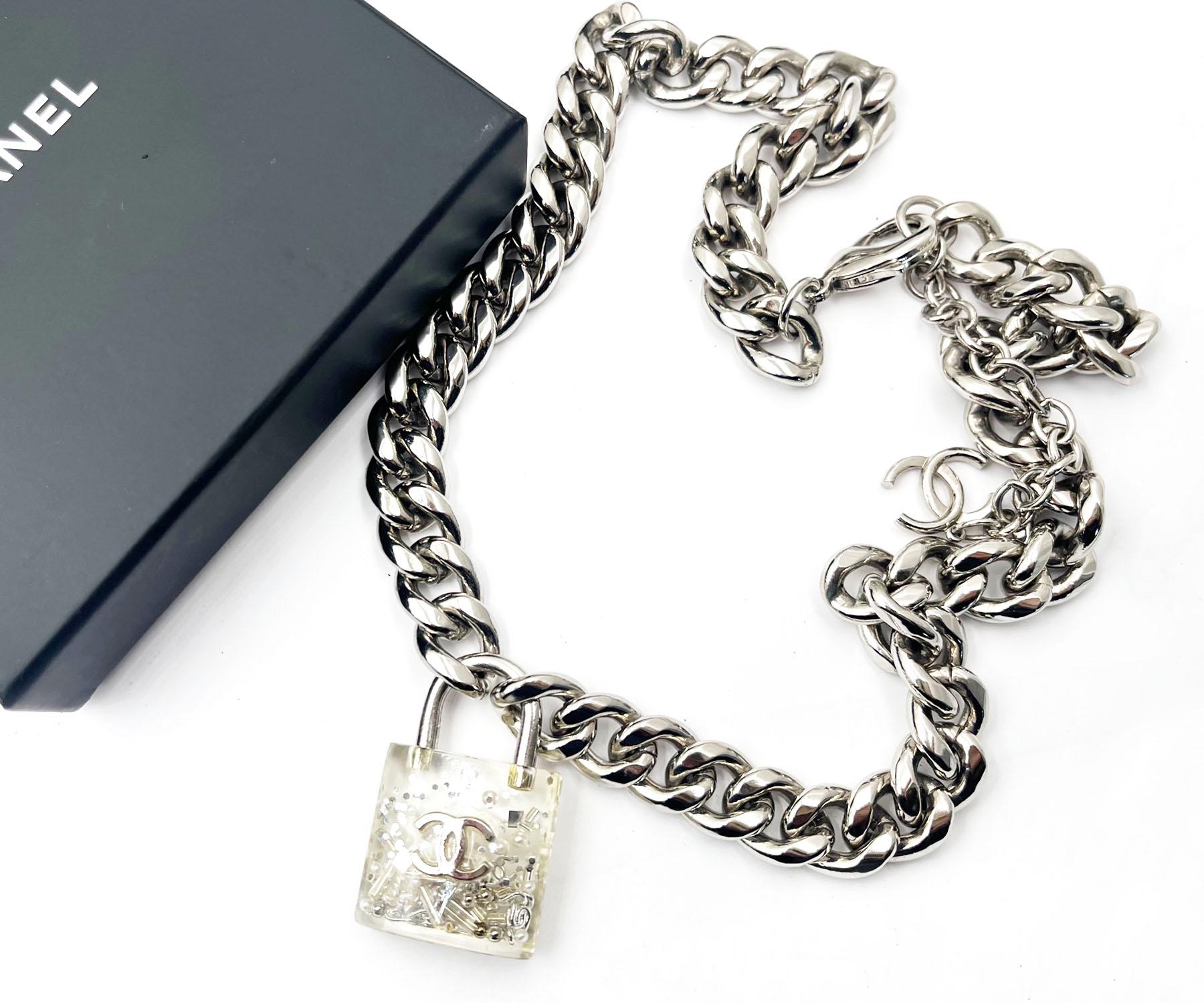 Artisan Chanel Silver CC Glitter Lock Chunky Chain Necklace 