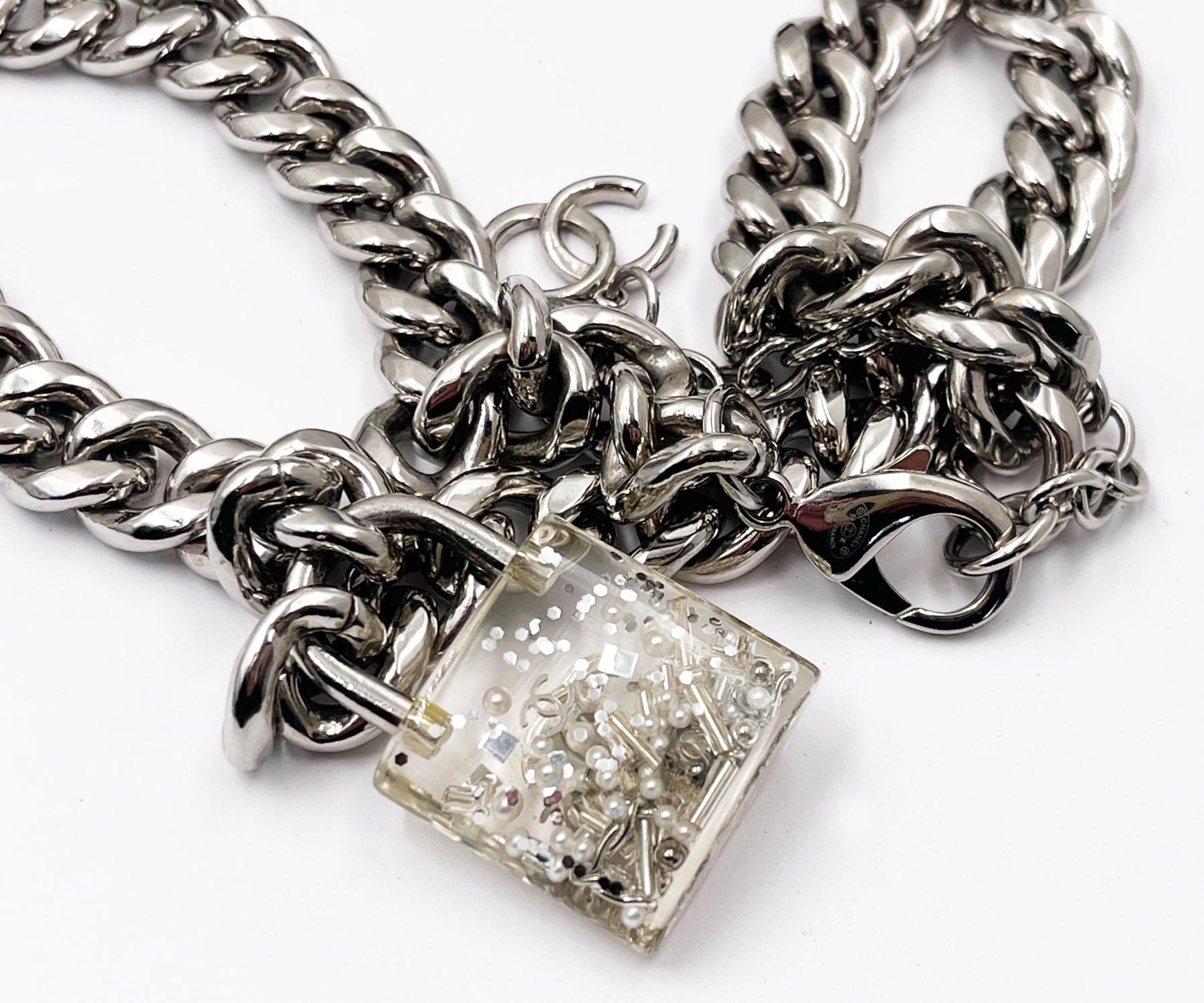 Women's Chanel Silver CC Glitter Lock Chunky Chain Necklace 