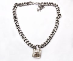 Chanel Silver CC Glitter Lock Chunky Chain Necklace 