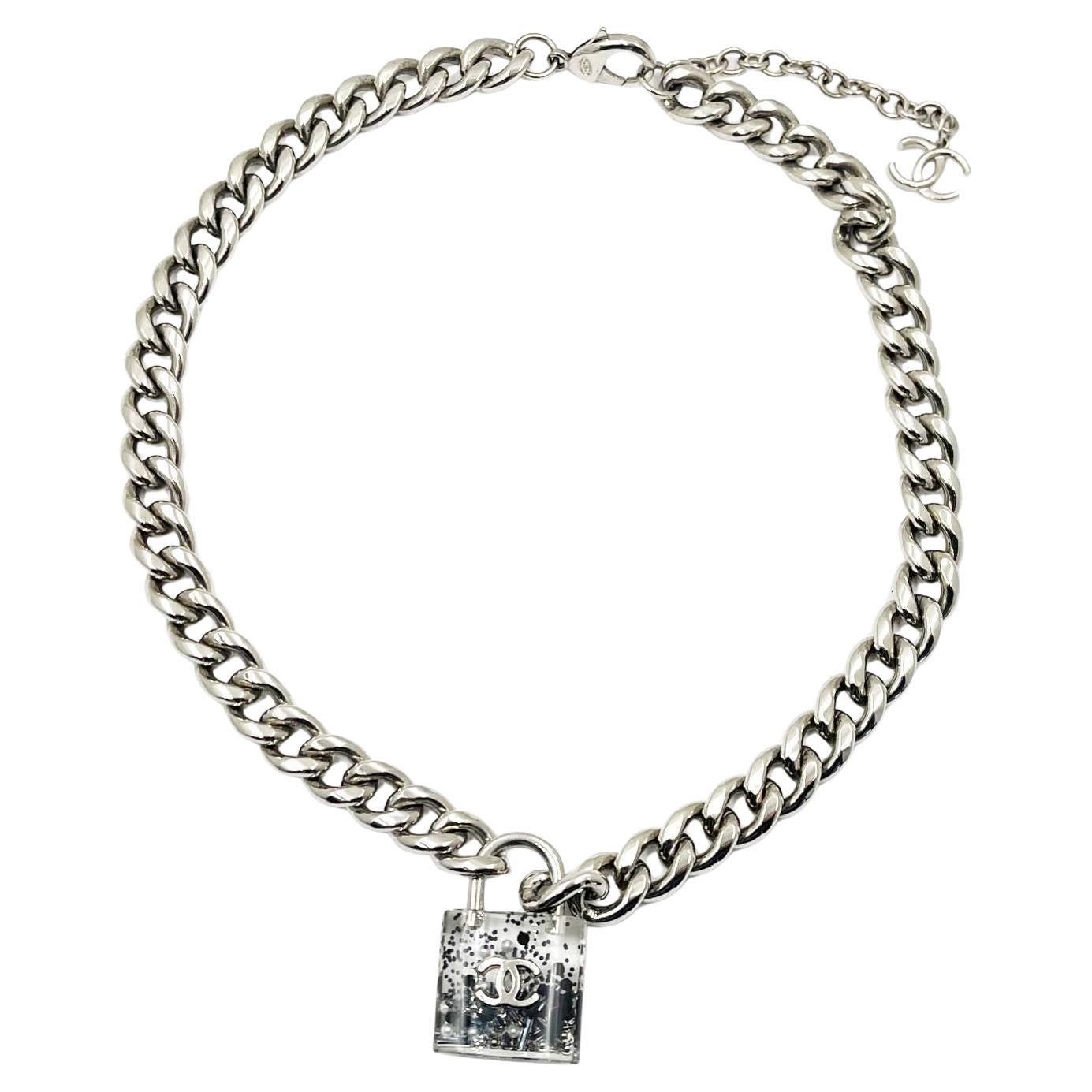 Chanel Silber CC Glitterschloss Chunky Kette Halskette